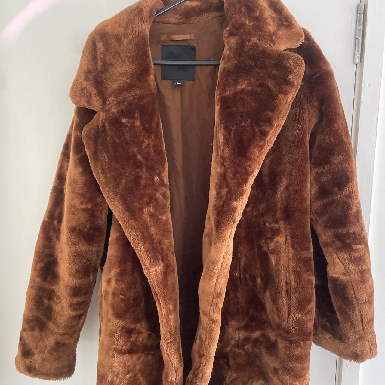 brown monki fur coat - Depop