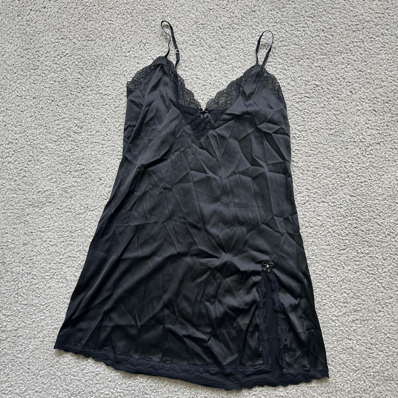 black lace satin slip lingerie dress with slit! tiny... - Depop