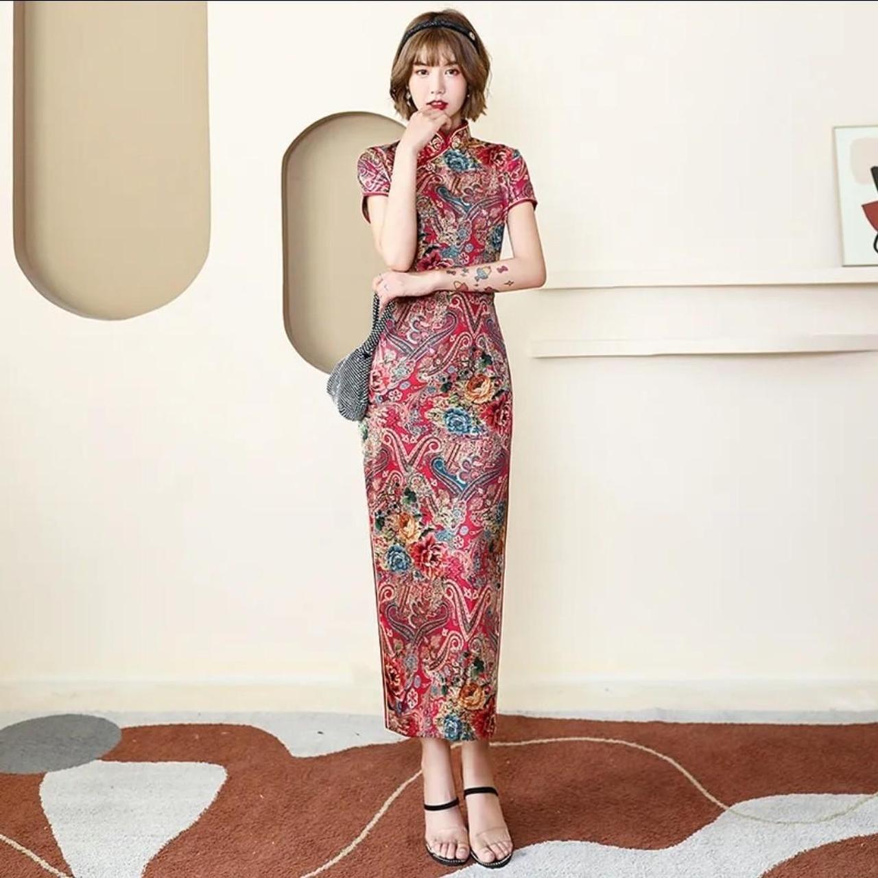 Chinese Style Long Cheongsam Slim Silk Size... - Depop