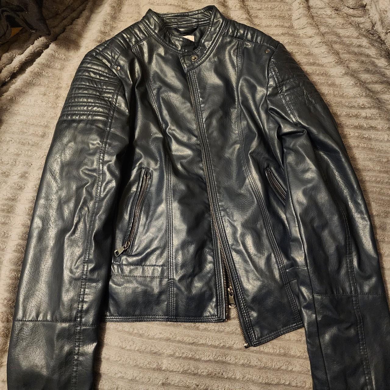 Navy Blue Faux leather jacket. I thrifted this about... - Depop