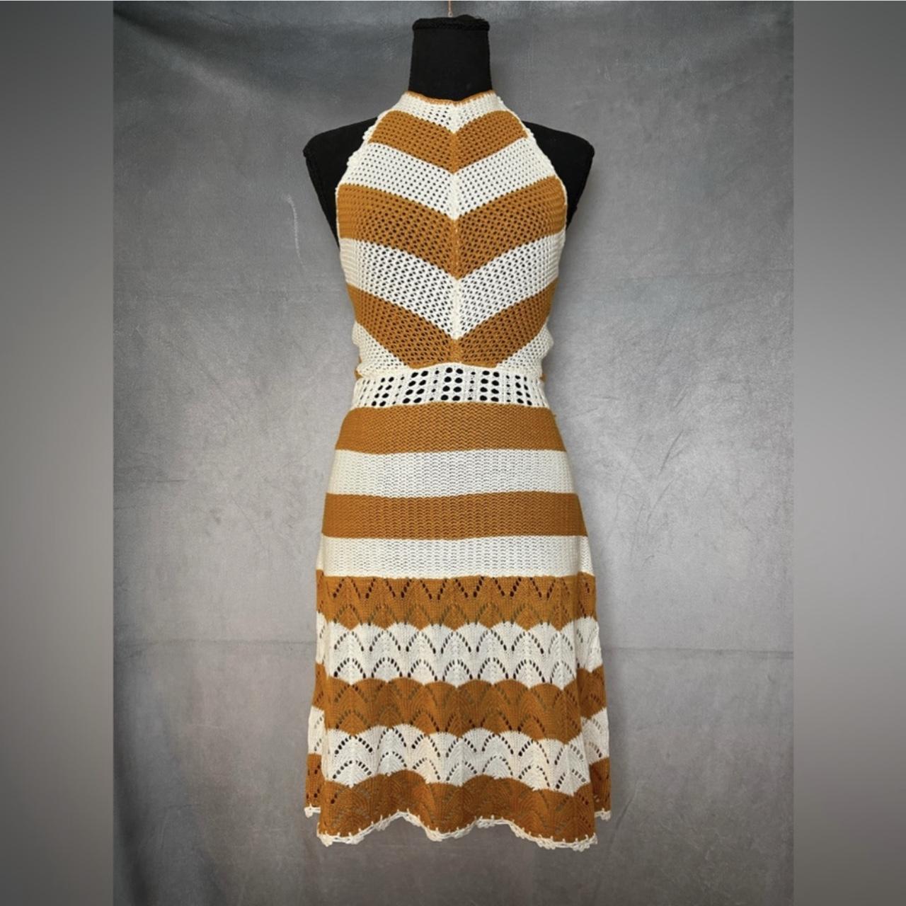 BCBG burnt orange and cream crochet knit halter midi Depop