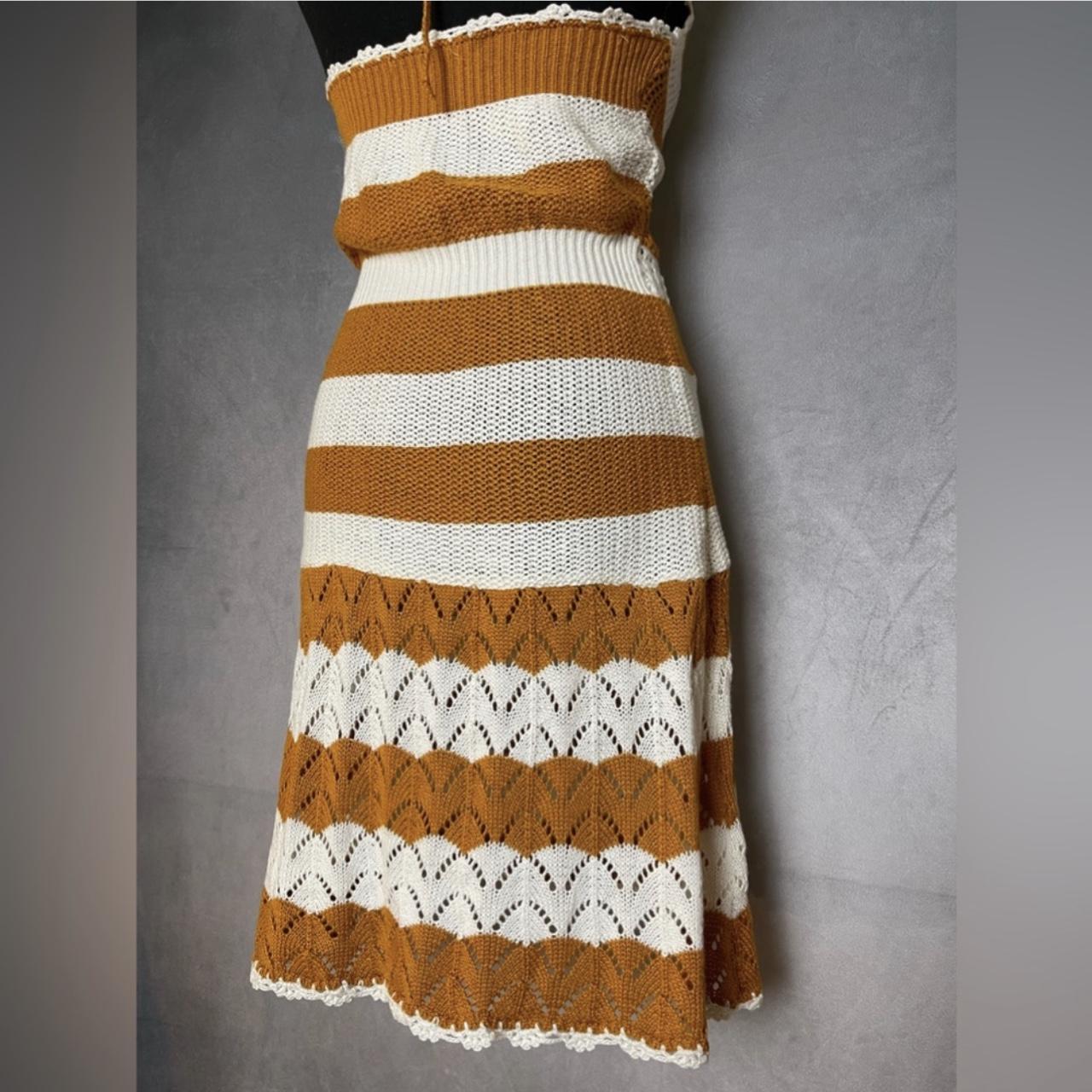 BCBG burnt orange and cream crochet knit halter midi Depop