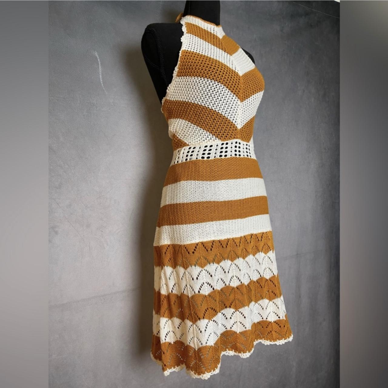 BCBG burnt orange and cream crochet knit halter midi Depop