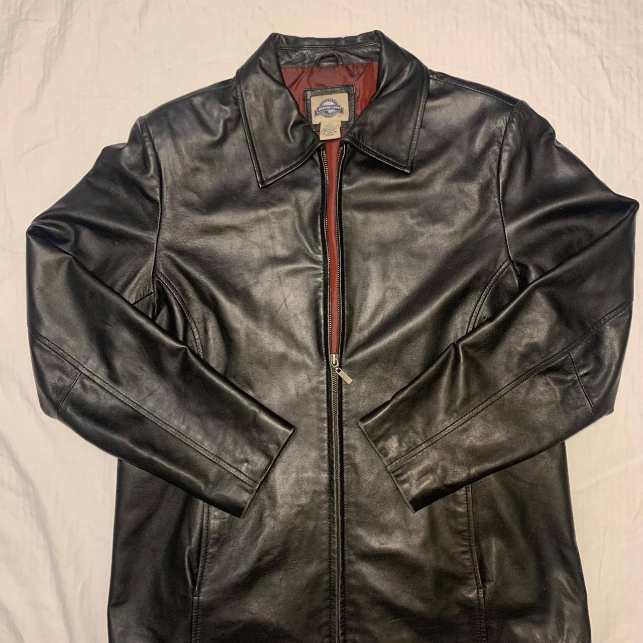 Genuine leather unisex jacket with red lining small... Depop