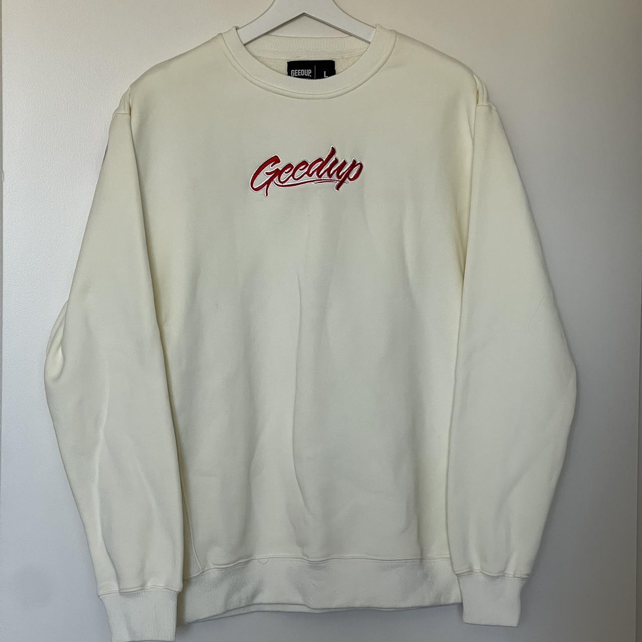 Geedup White Crew Neck Jumper with Red Script -... - Depop