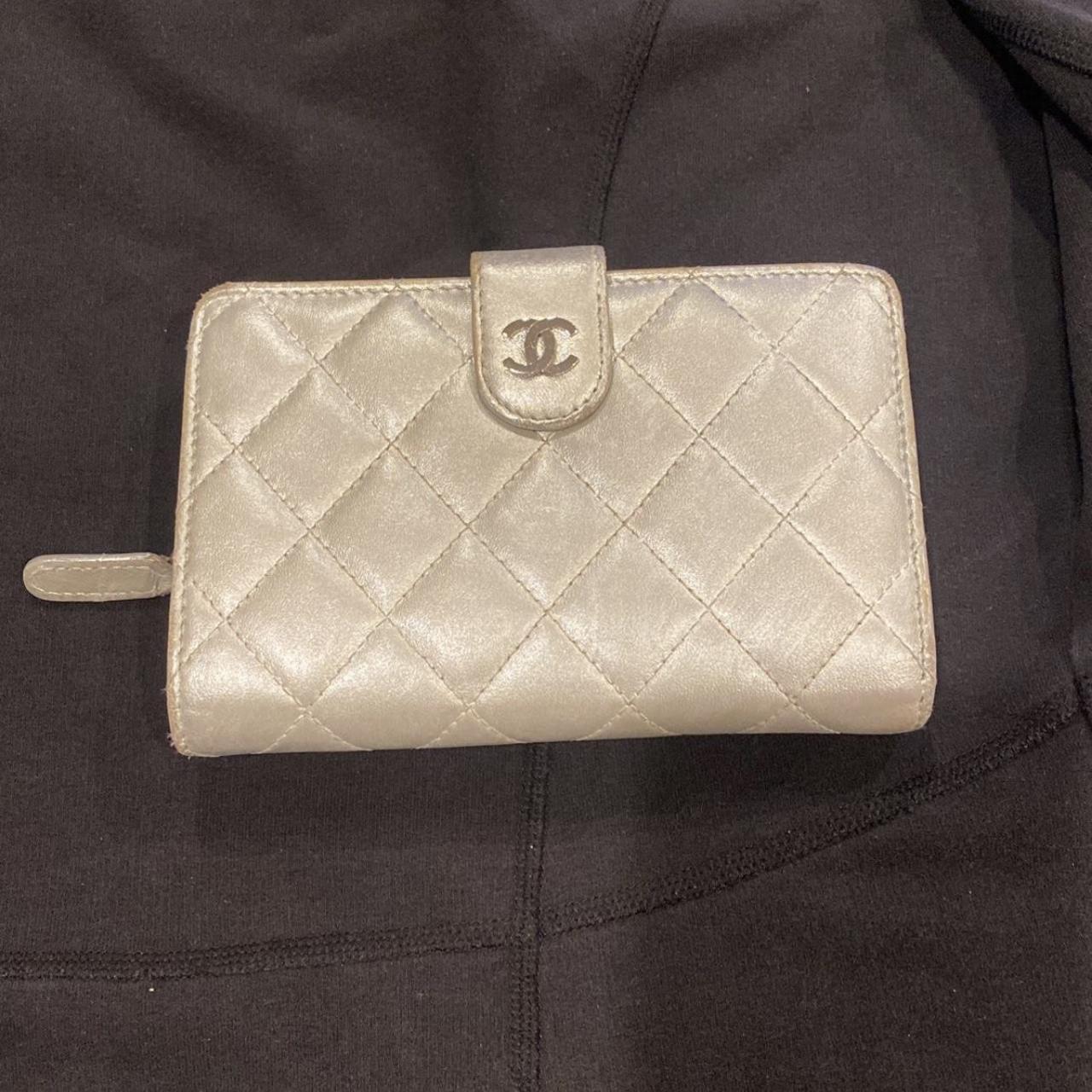 Authentic preowned Chanel wallet in silver. Leather - Depop