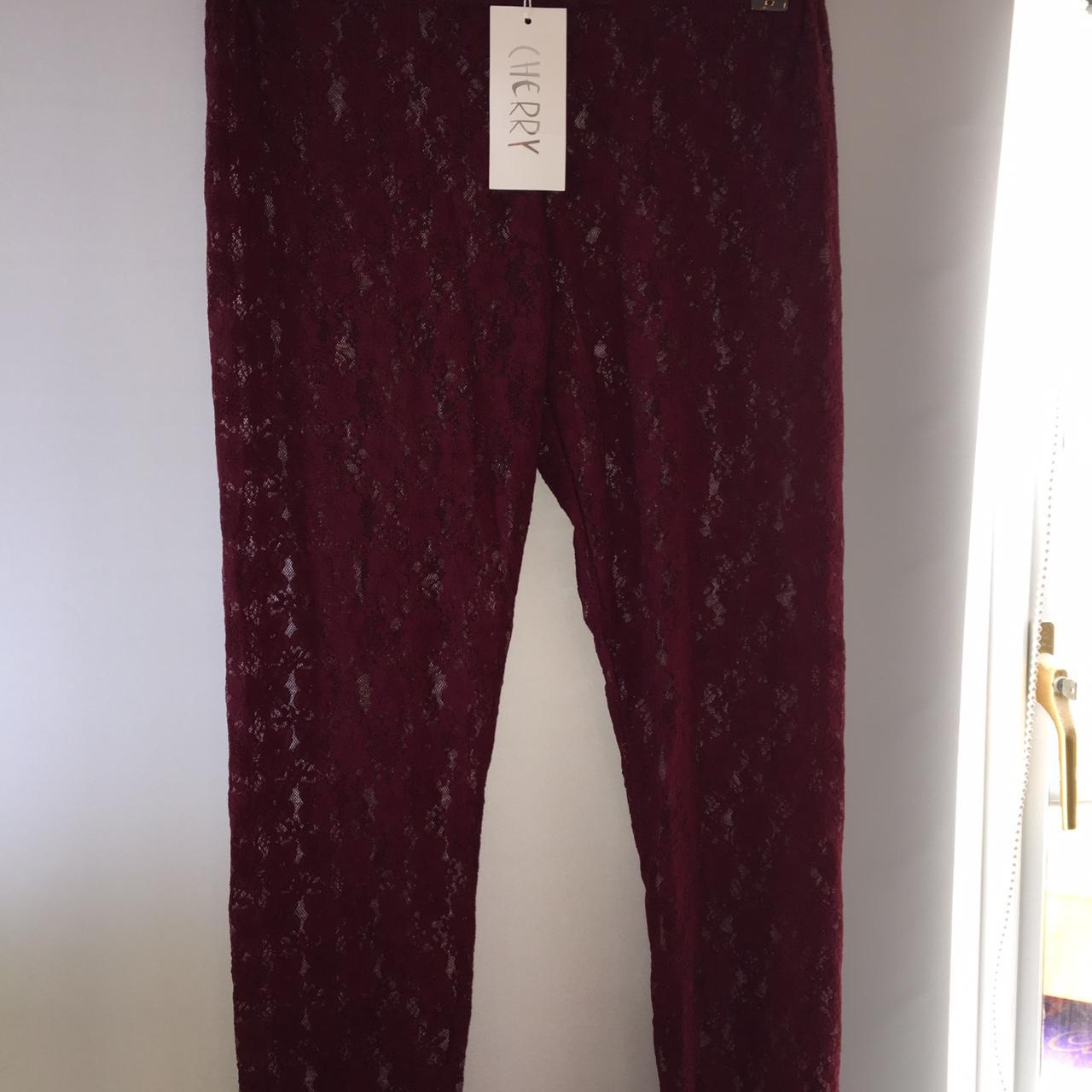 New Burgundy Red Lace detail Sexy Leggings Size T2 =... - Depop