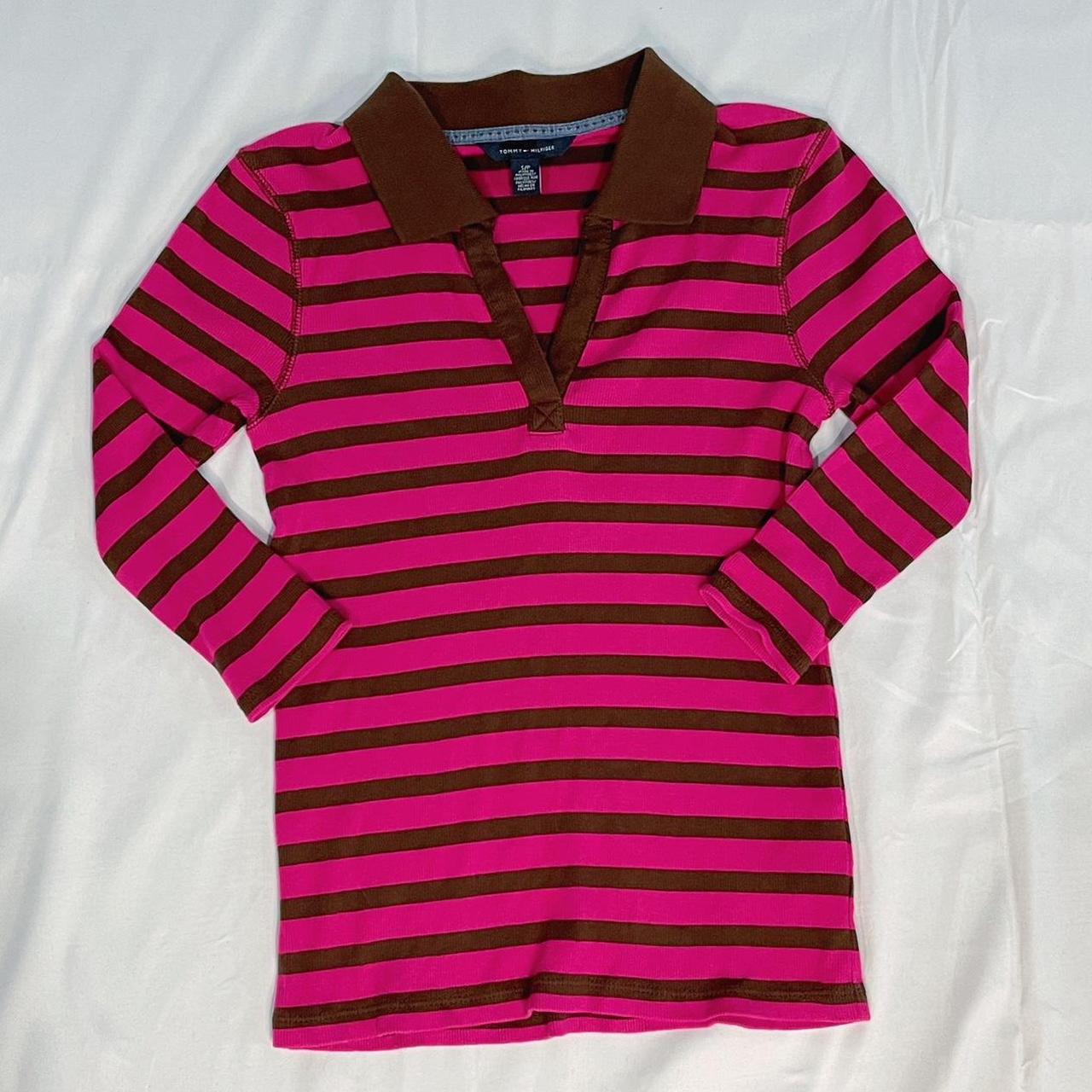 Vintage Tommy Hilfiger V-Neck Shirt Pink with brown... - Depop