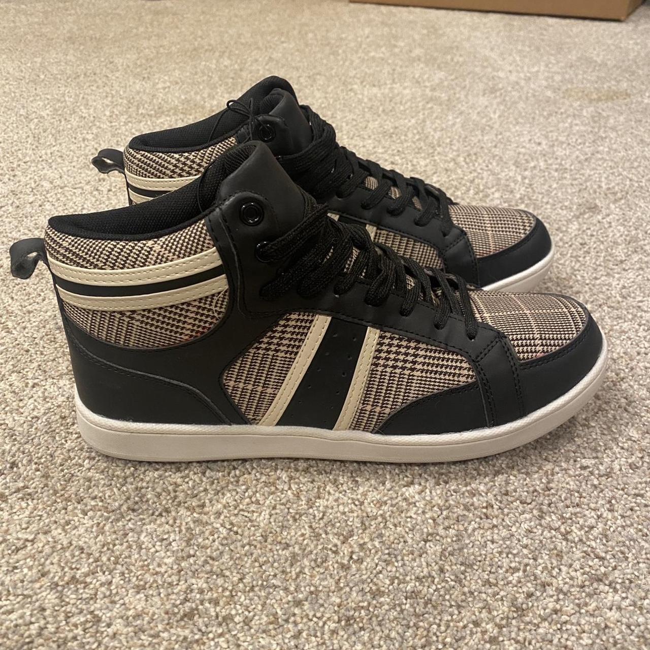 New black and tan plaid men’s high top sneakers