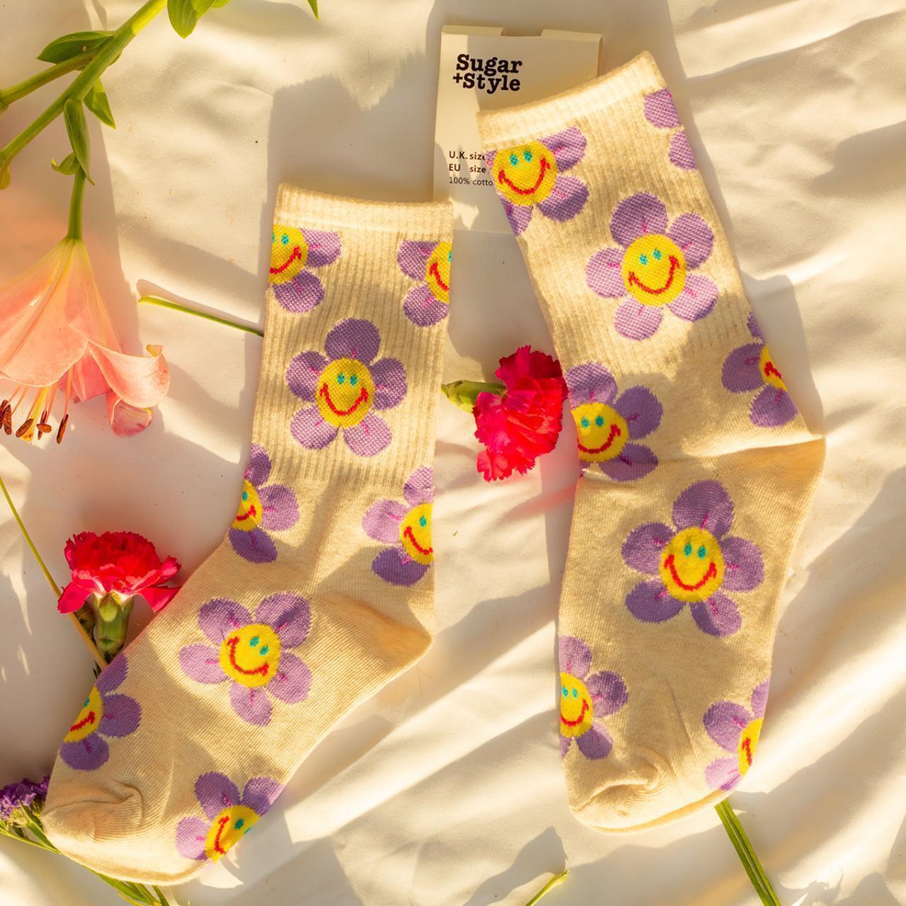 Fun Flower Socks in Cream and Lilac Add some life... - Depop