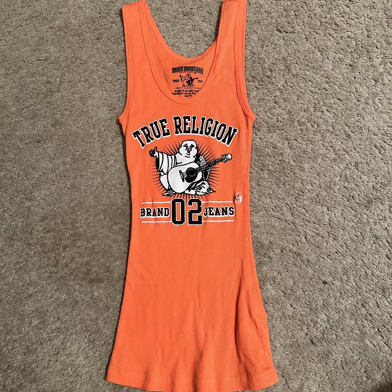 True Religion Women's Orange and Black Vest Depop