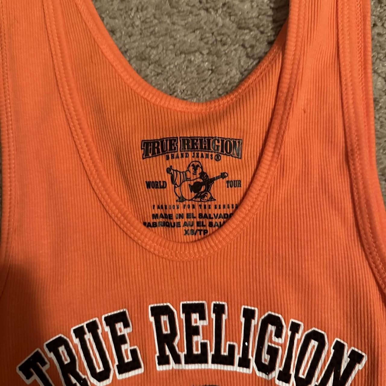 True Religion Women's Orange and Black Vest Depop