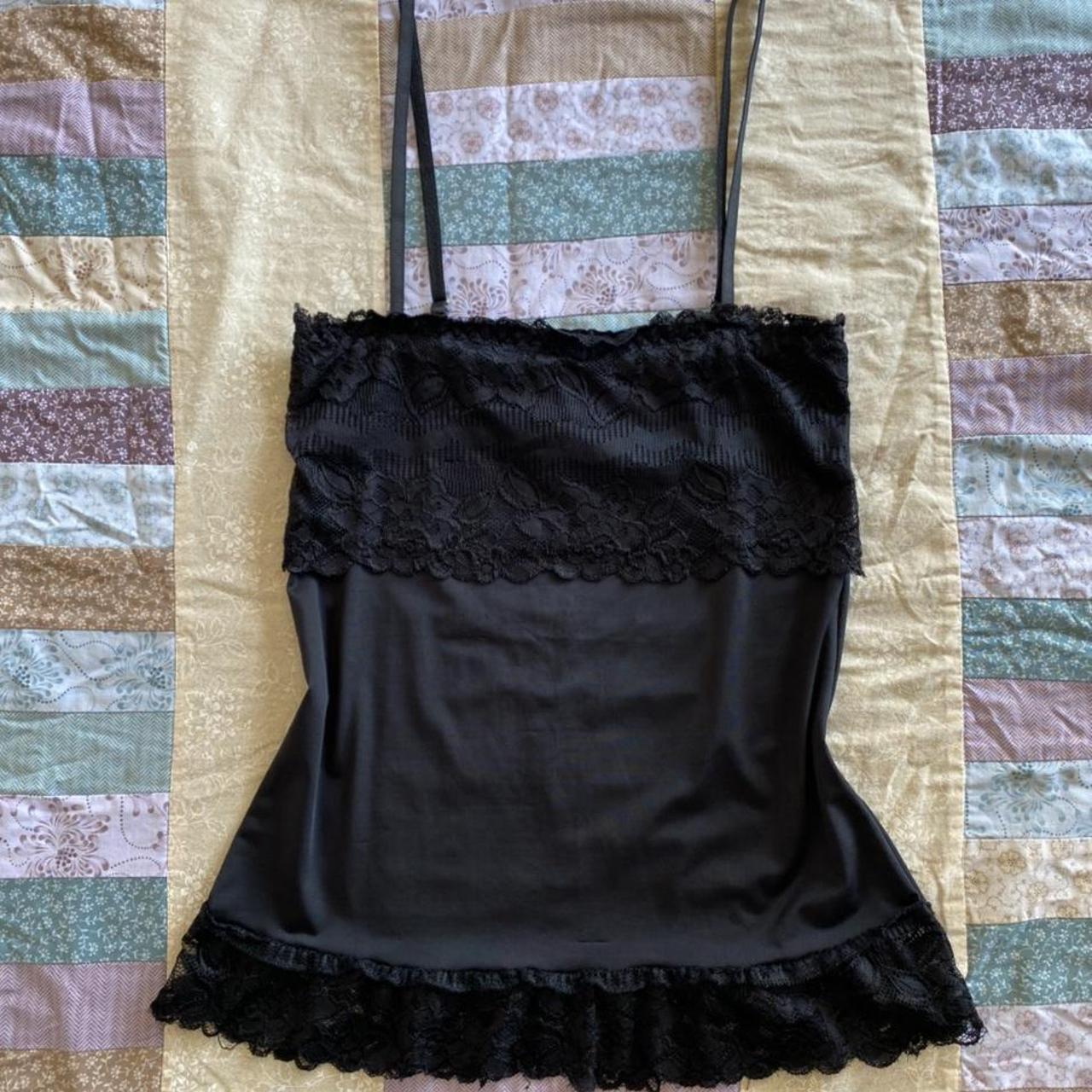 2000s black double lace cami singlet with frill Has... - Depop