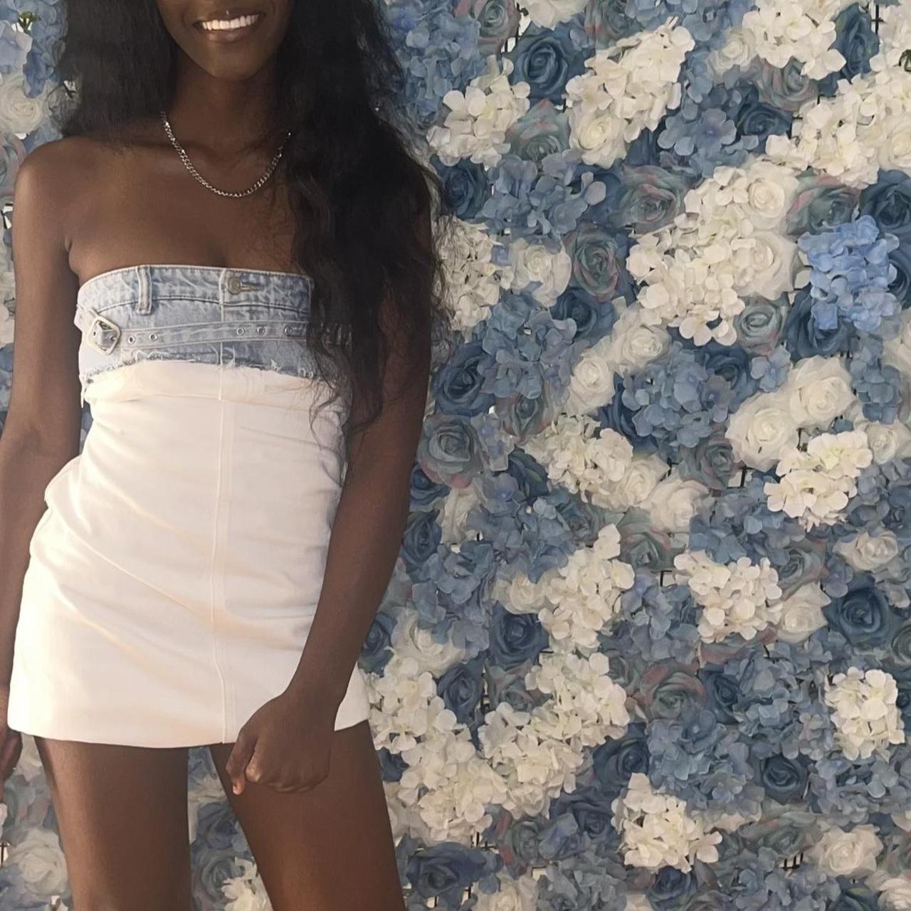 Zara Strapless Denim Mini Dress. Denim & White. Only... Depop