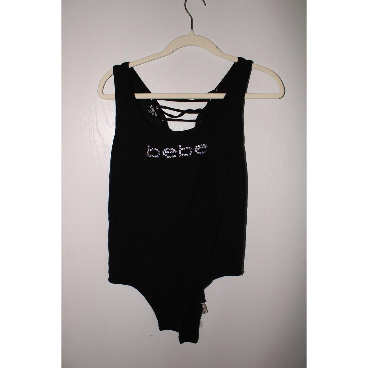 Bebe black bedazzled logo bodysuit with strapped up... - Depop