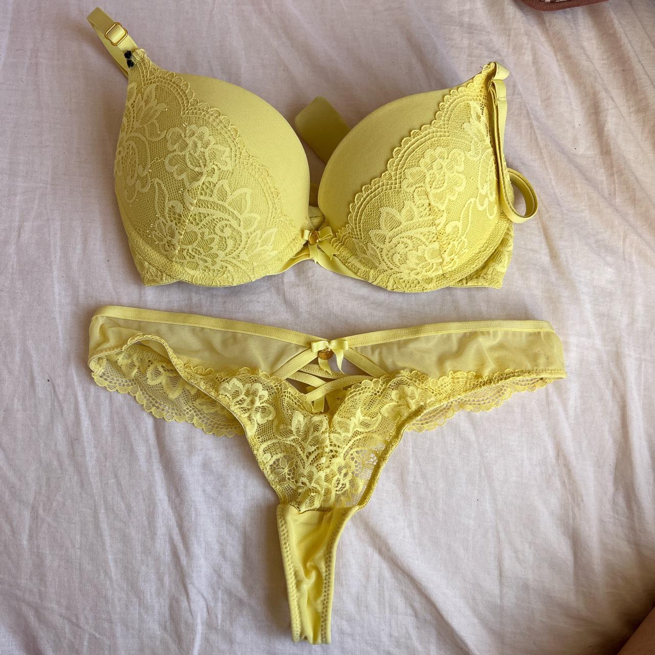 Boux Avenue yellow lace lingerie set Bra UK 32B Thong 8 - Depop