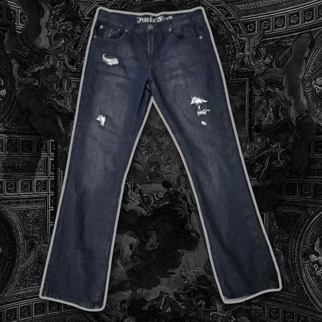 thrifted slim fit dark blue jeans, cool design on... - Depop