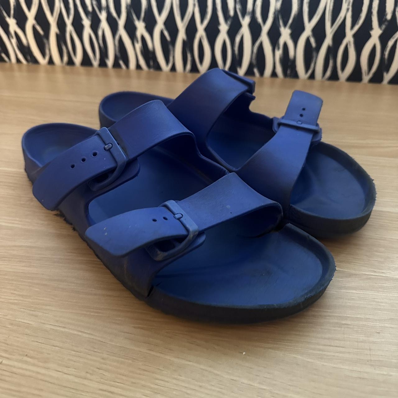 Blue rubber water proof Birkenstocks heavily used... - Depop