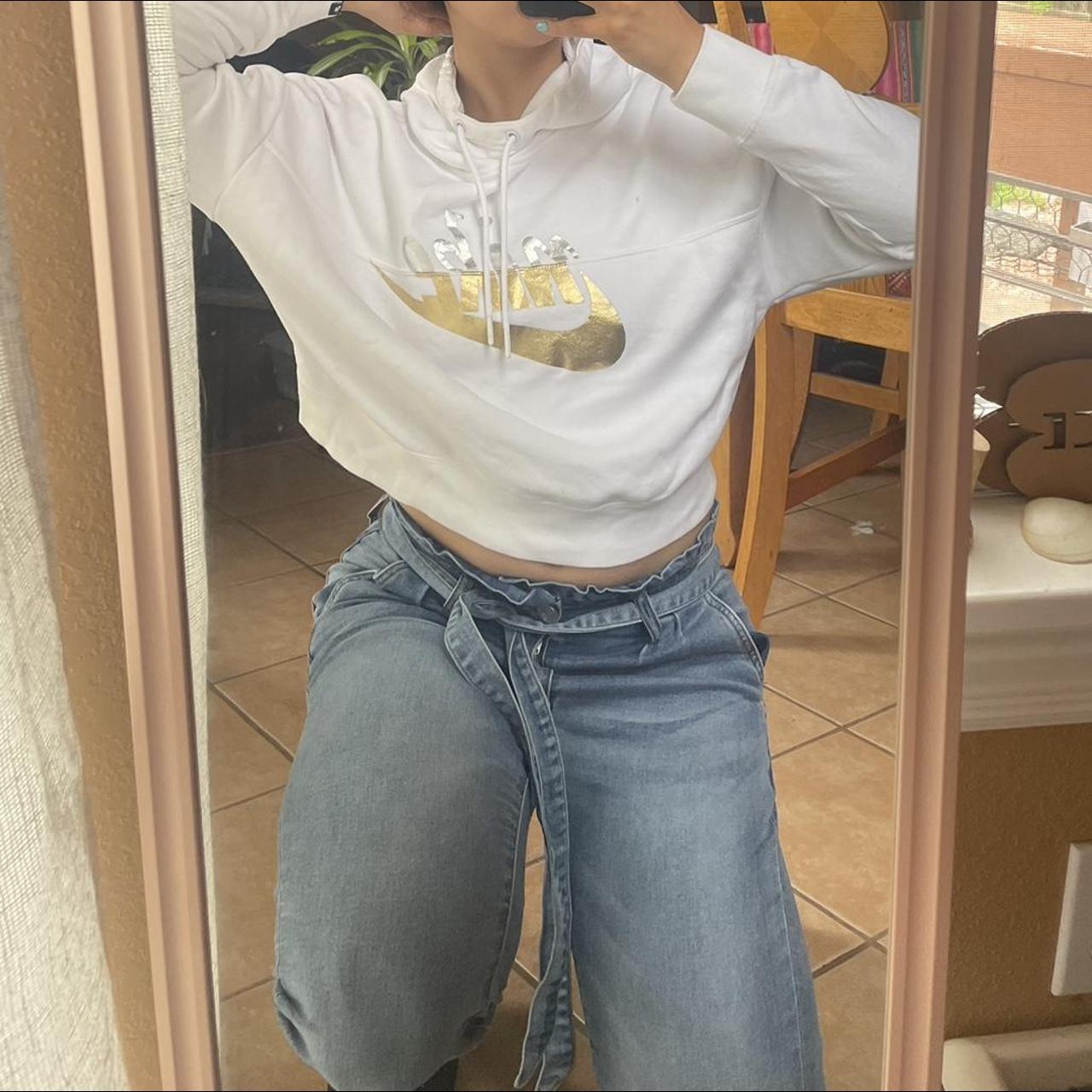 Nike White and Gold Cropped Hoodie Depop