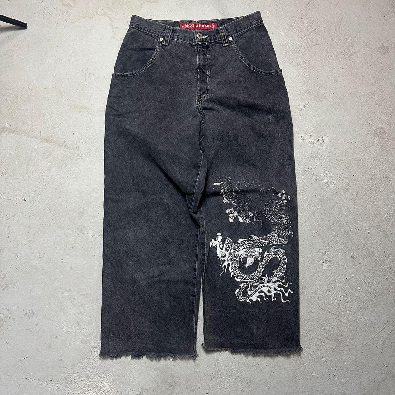 JNCO Wide Leg Jeans with Dragon Print Vintage Y2K... - Depop