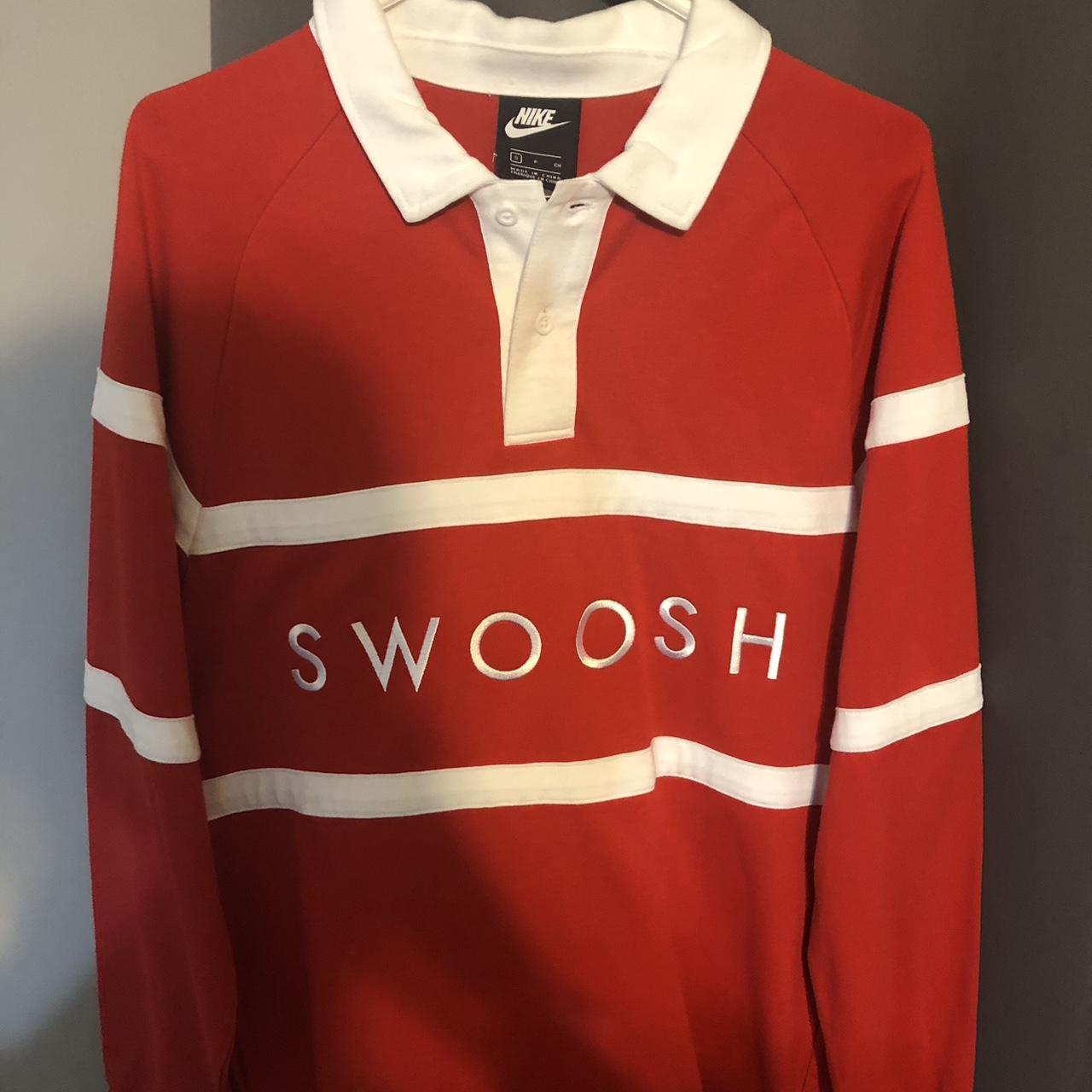 Nike embroidered swoosh spell out red rugby shirt.... | Depop
