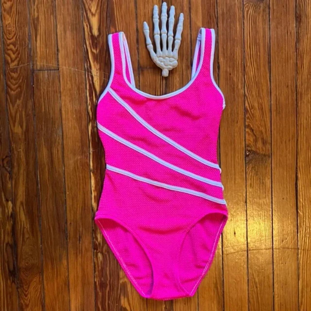 Vintage 80s Union Made Neon Pink & White One Piece... - Depop