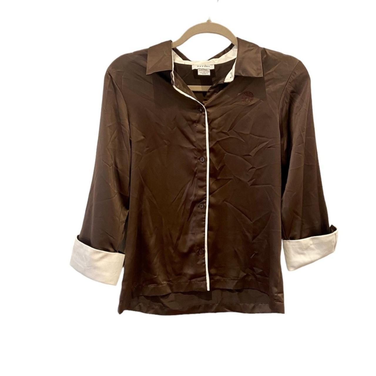 Natori Silky PJ Button Up Top with Embroidered Logo... Depop