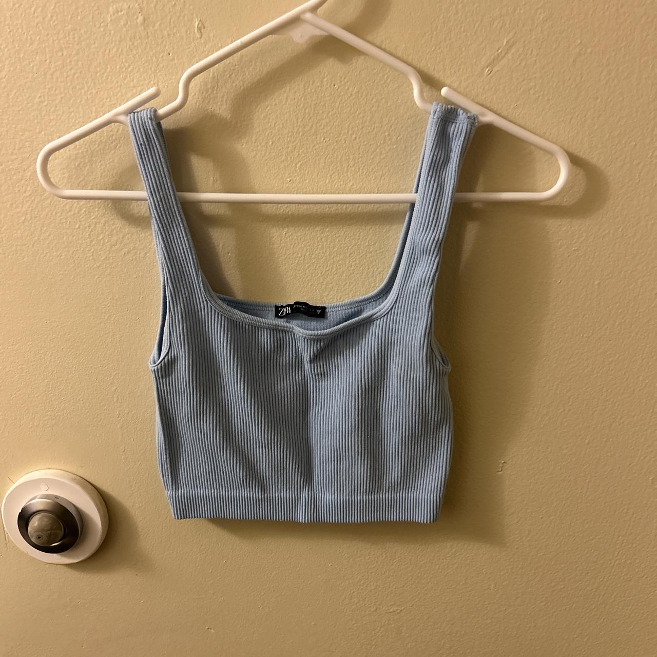 zara baby blue ribbed crop top 96% polyamide, 4%... - Depop