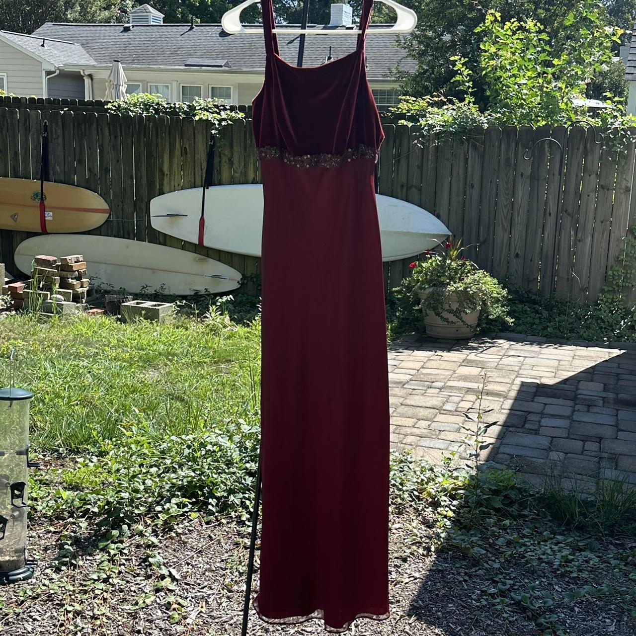 Betsy and 2024 adam burgundy gown