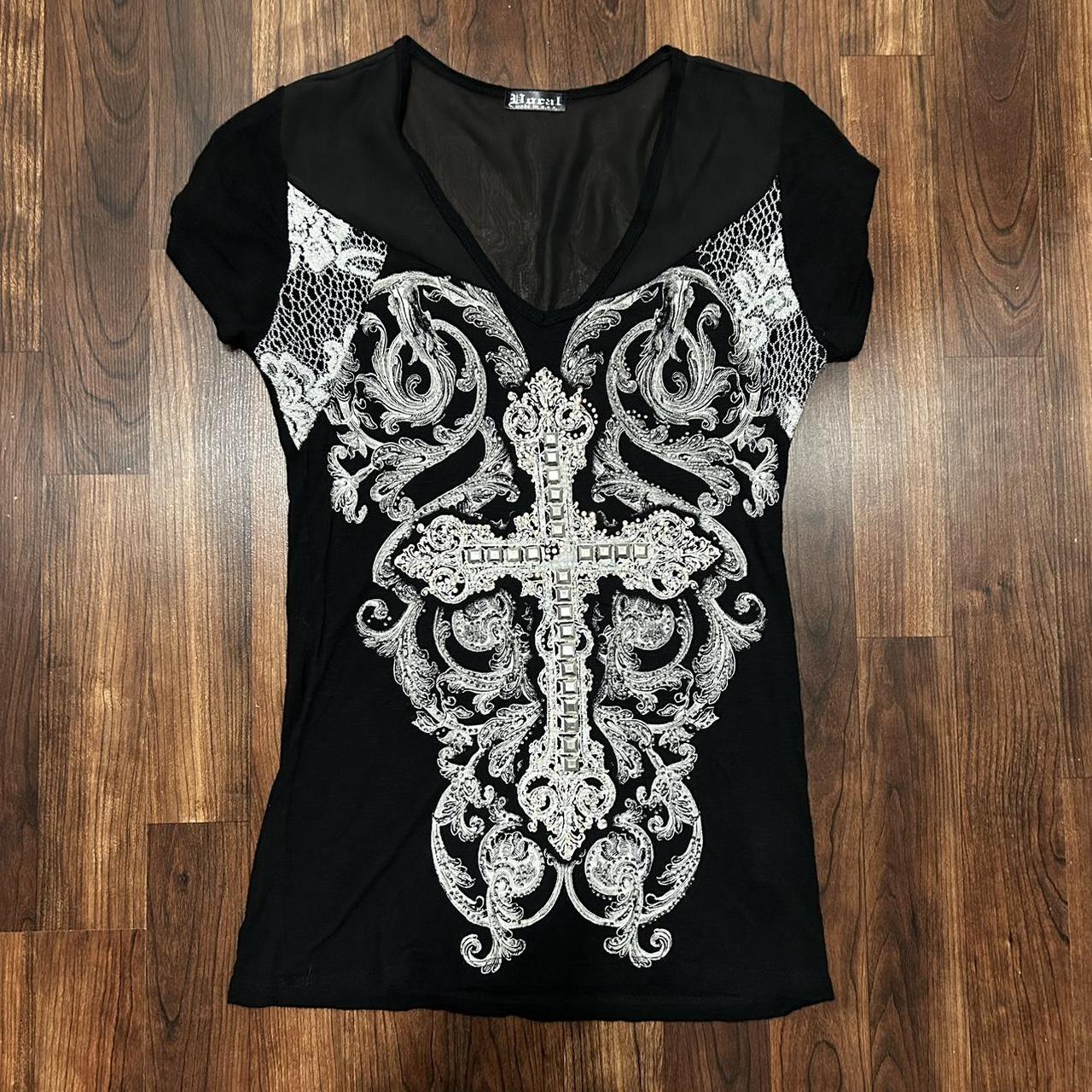 Y2k style early 2000s mallgoth cross bedazzled shirt... - Depop