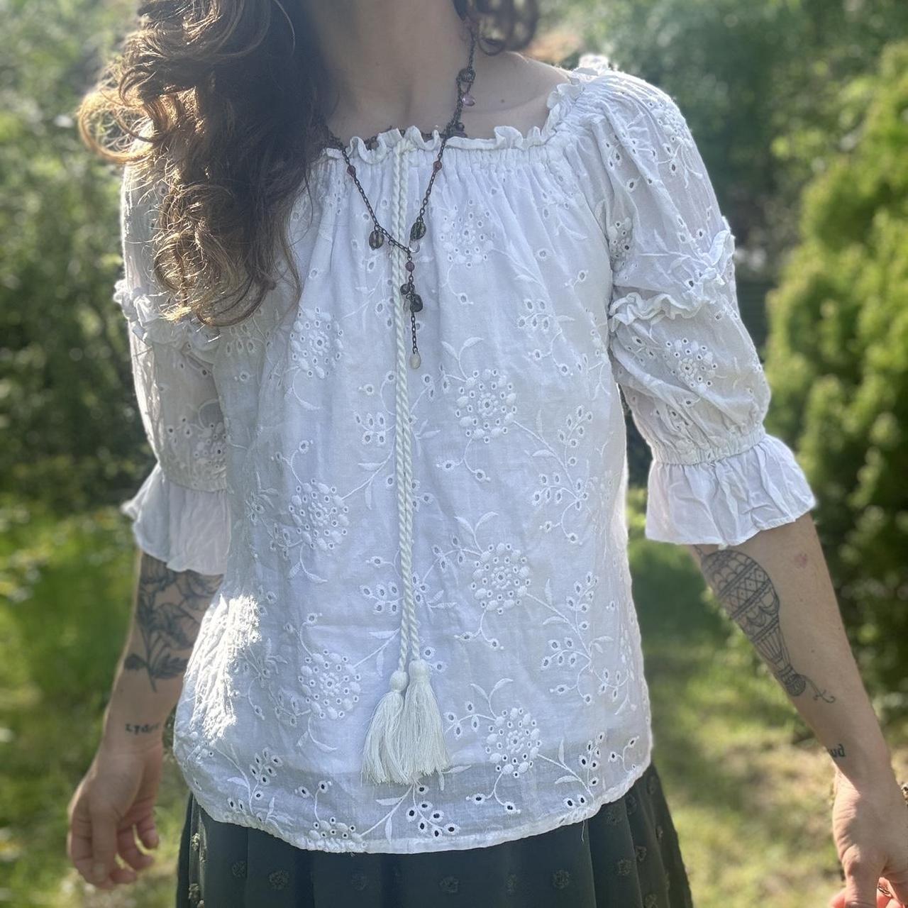 ALLETTA White eyelet blouse with ruffle sleeves and... - Depop