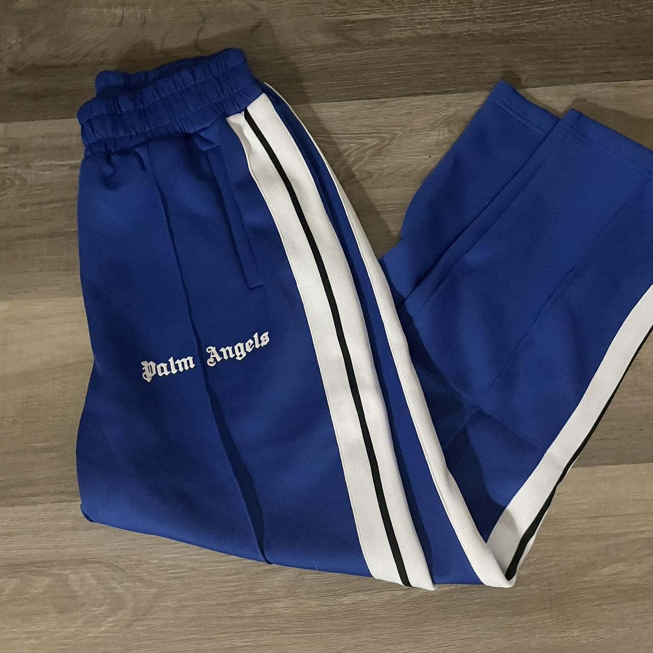 Palm Angels Men's White and Blue Trousers | Depop