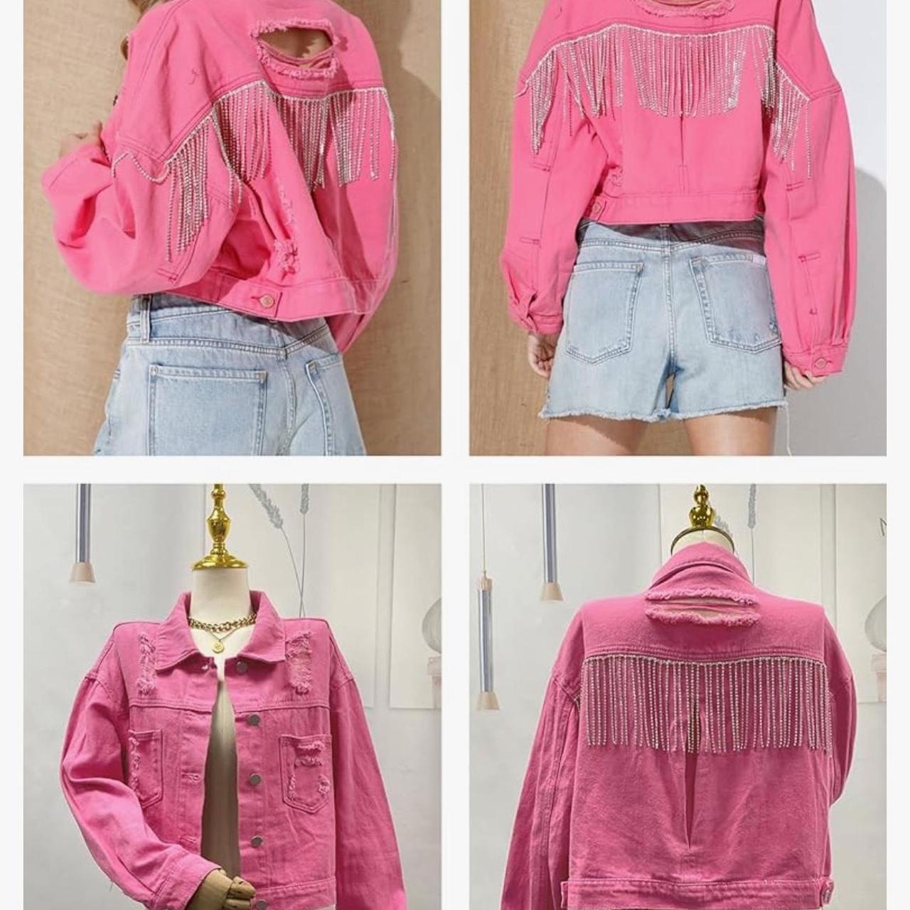 Hot pink cropped denim jacket best sale