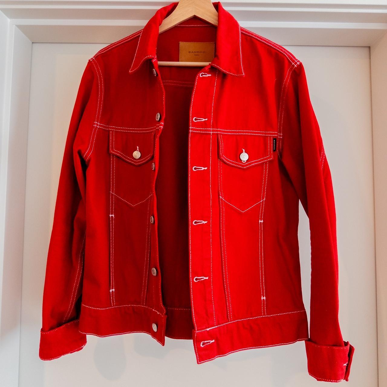 Red Sandro Paris jean jacket. Size: Medium. Made in... - Depop