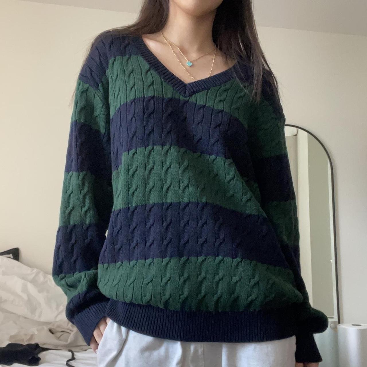 Brandy Melville Green and Navy Striped Sweater... Depop