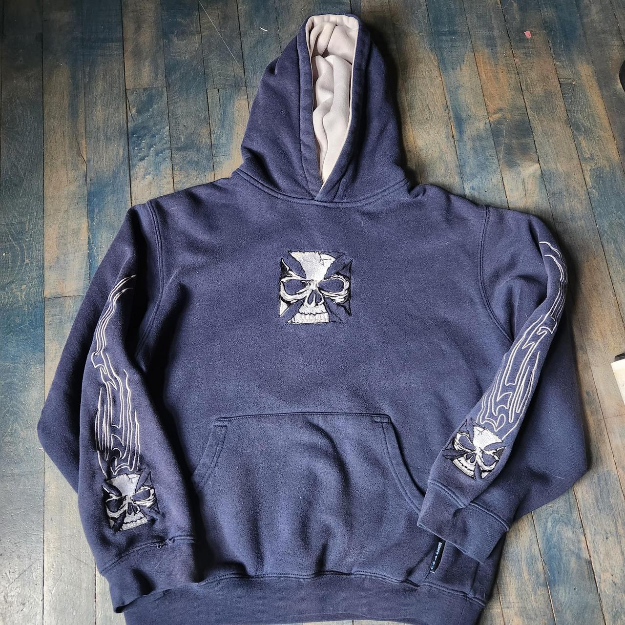 silver point navy blue skull embroidered hoodie has... - Depop