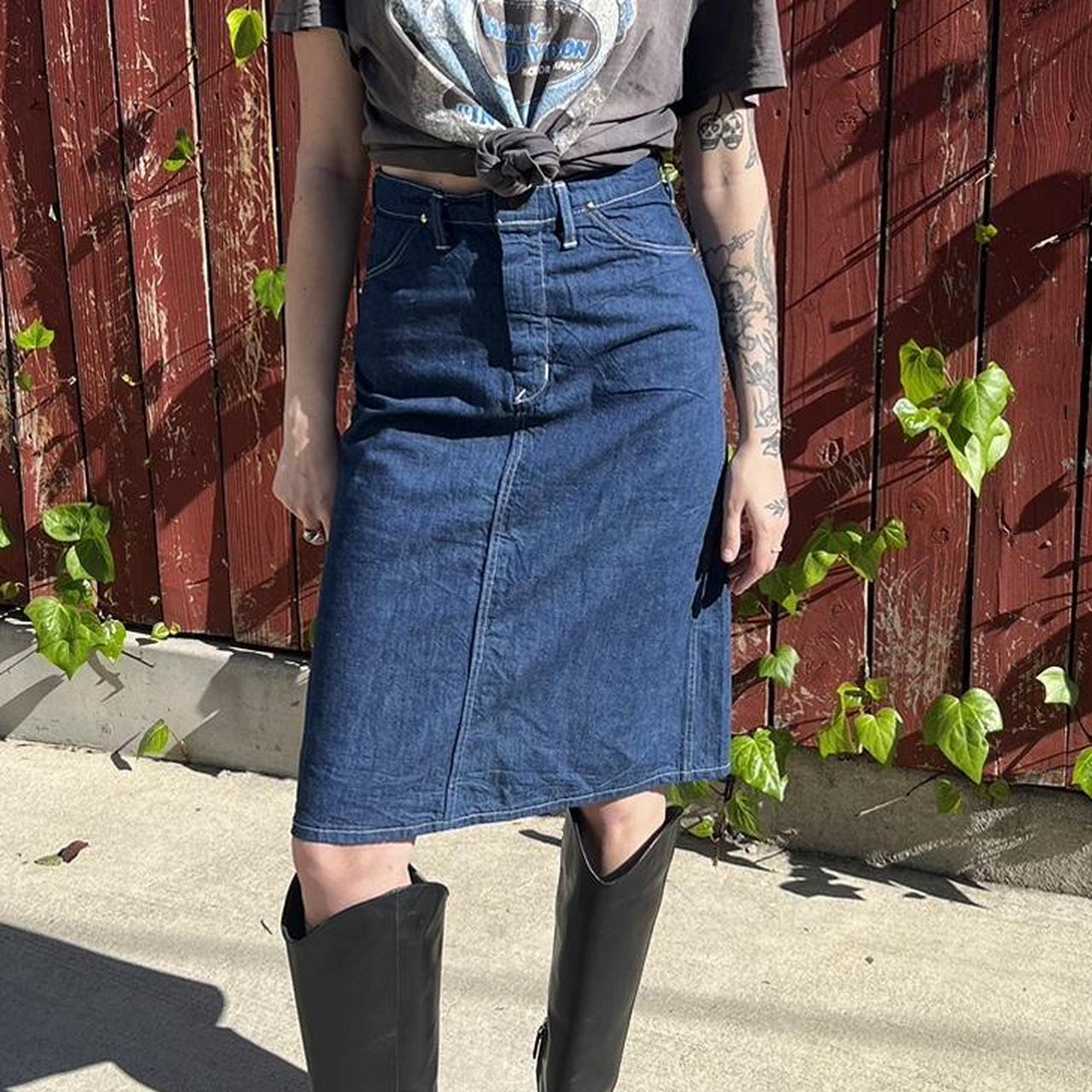 vintage denim midi skirt in a true blue denim wash... - Depop