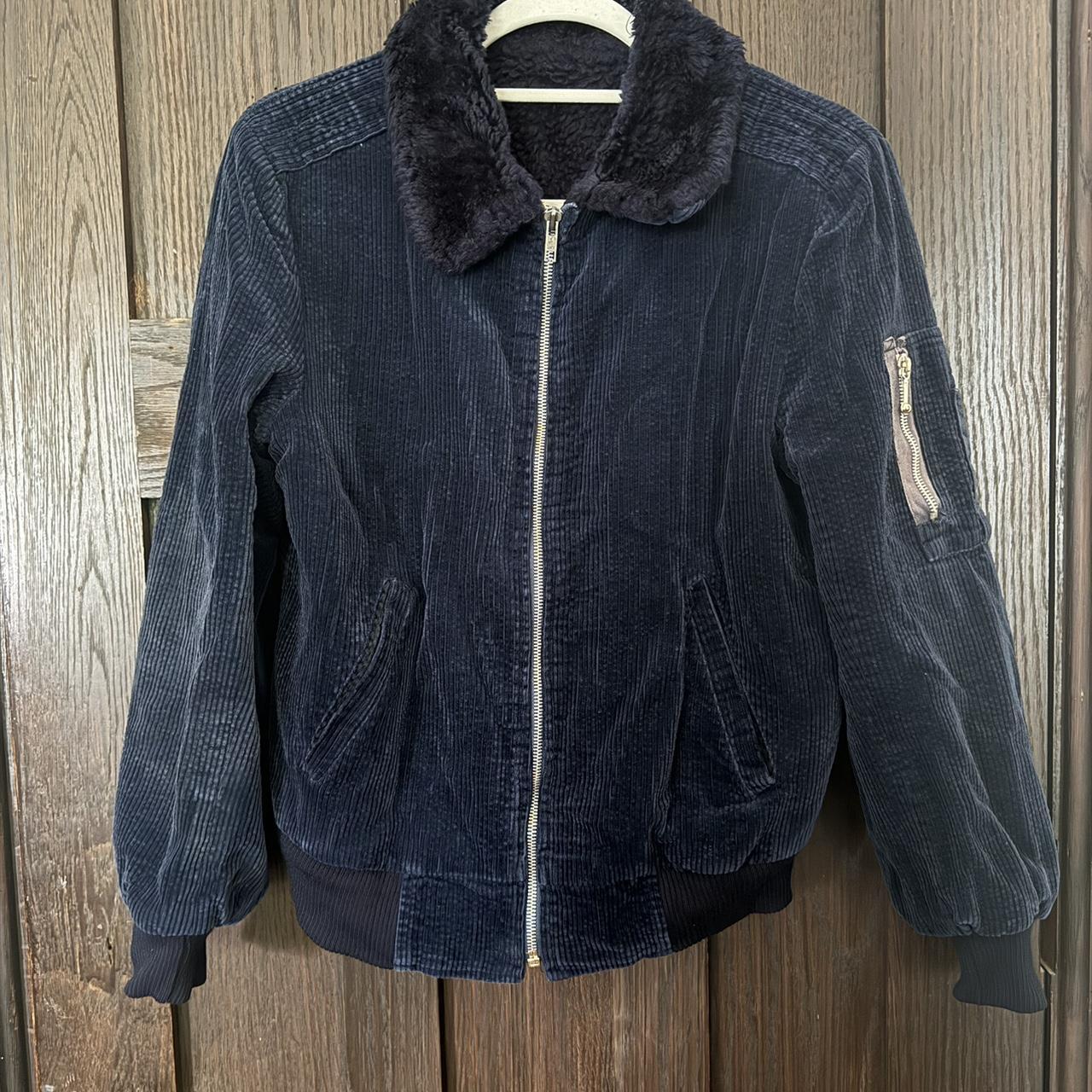 Blue corduroy jacket with fur collar best sale