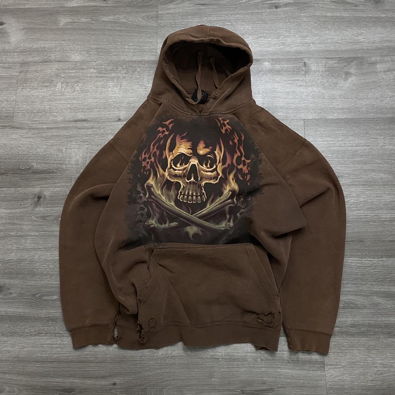 vintage brown hoodie fire skulls, grunge distressed... - Depop