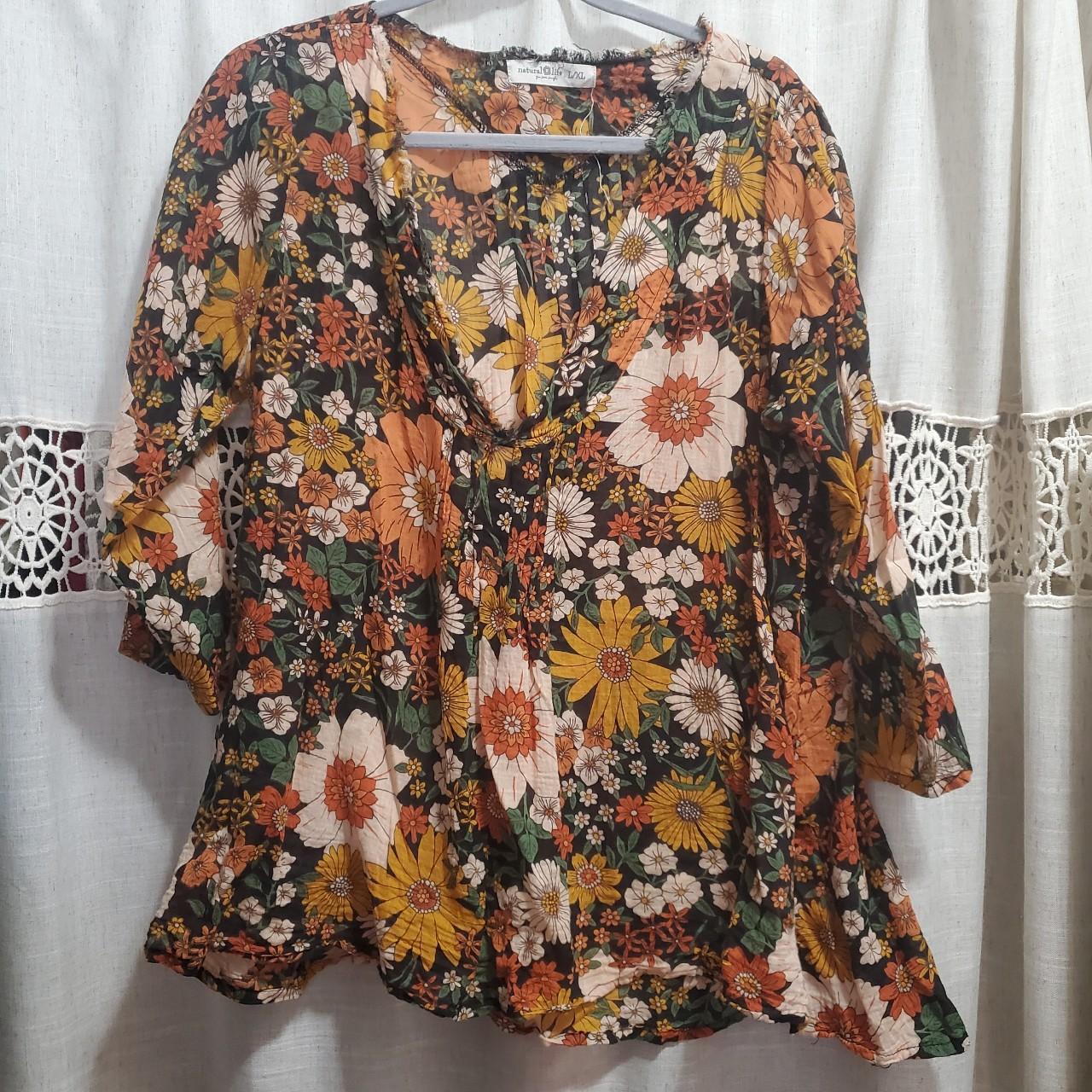 Natural Life Women's Blouse - Multi/Orange - XL – Multi-coloured floral print blouse with V-neck and …