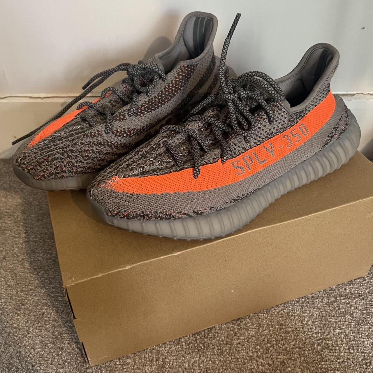 Yeezy Men's Grey and Orange Trainers | Depop