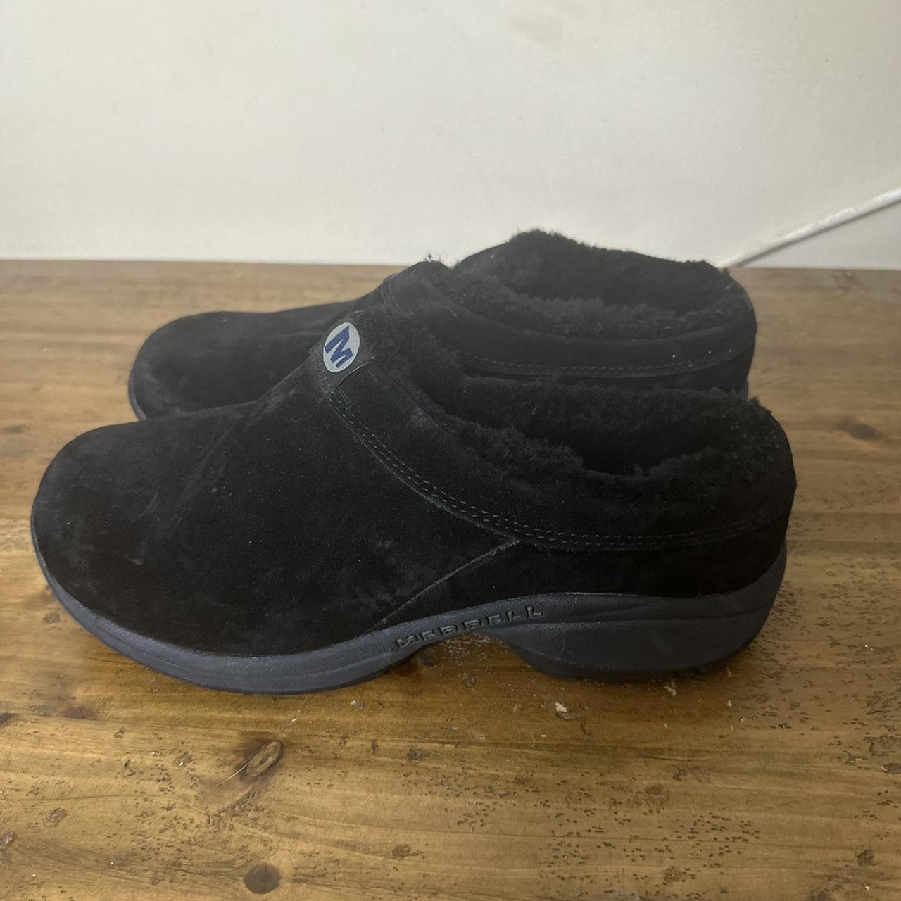 Merrell black shops suede clogs