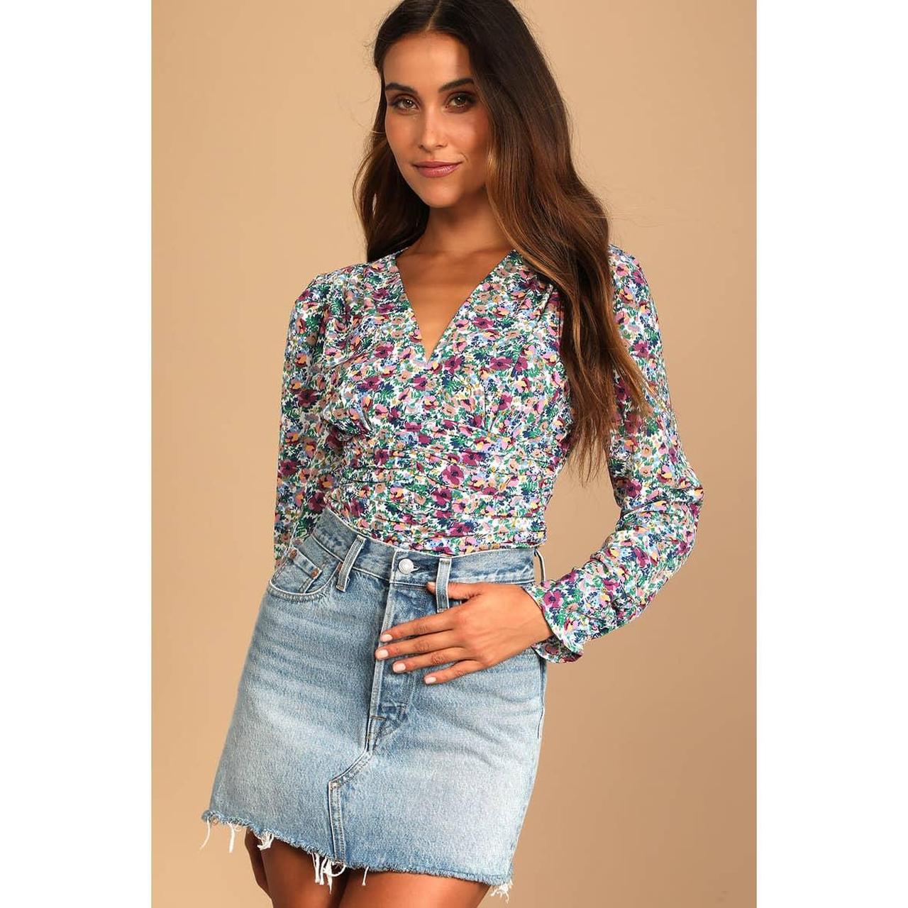 Blooming Buds Purple Floral Print Ruched Long Sleeve Top