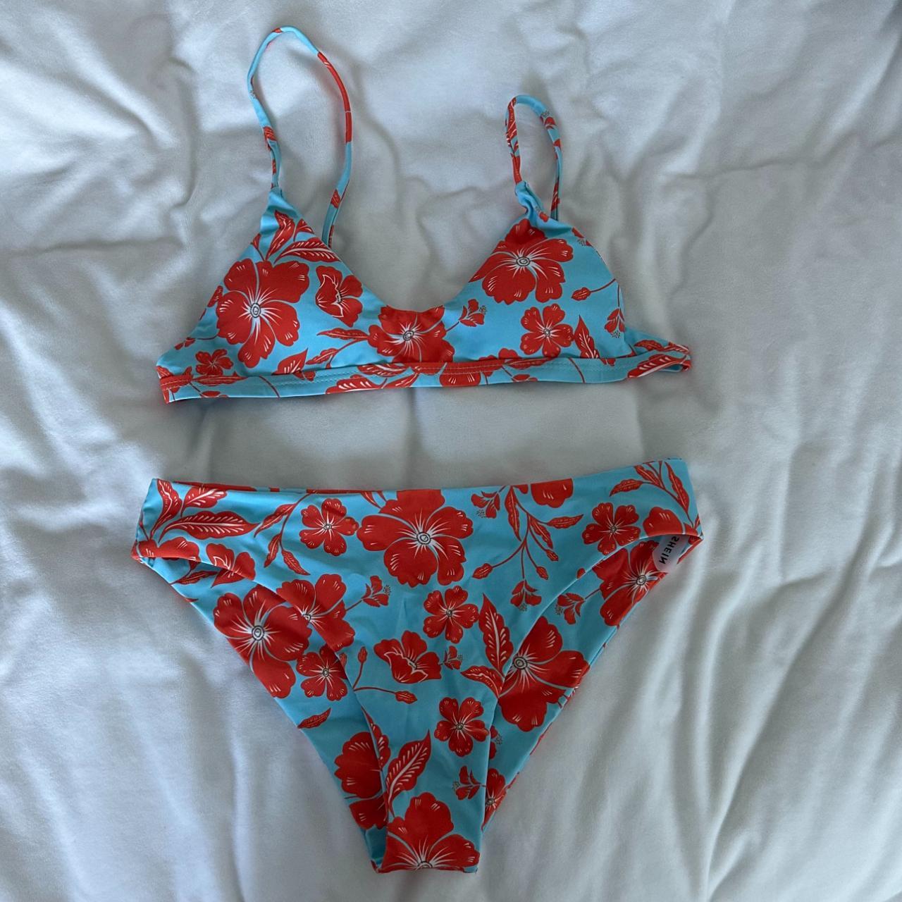 Shein light blue bikini with red tropical flower... - Depop