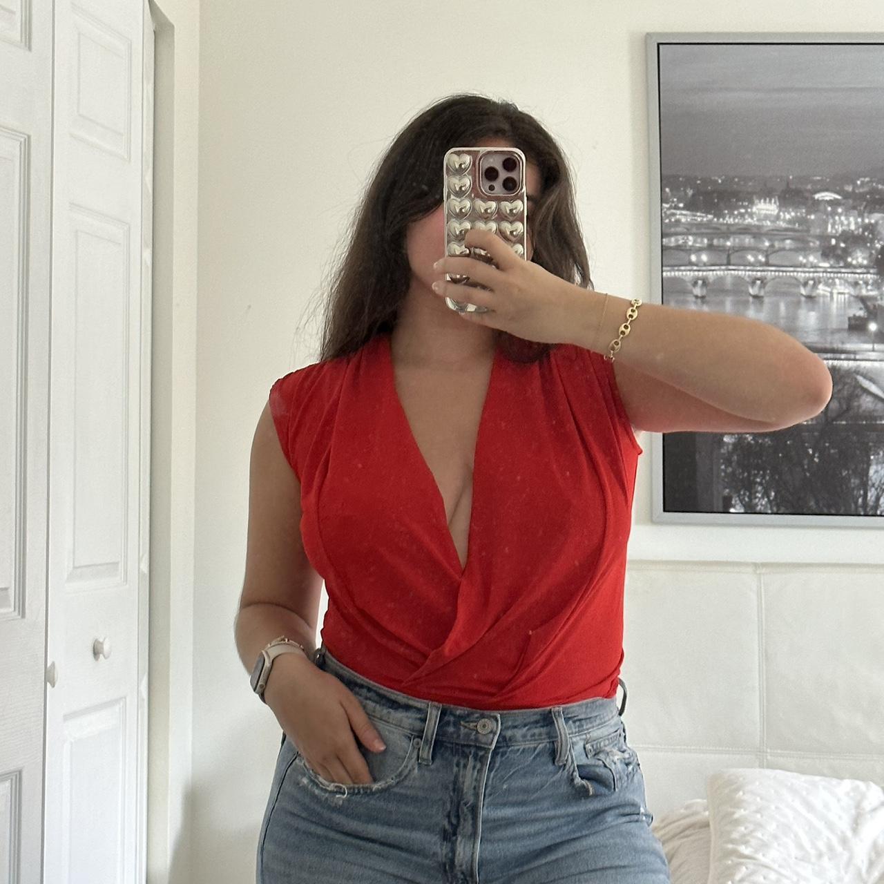 Zara Deep V-Neck Red Bodysuit Size Small Ruched - Depop