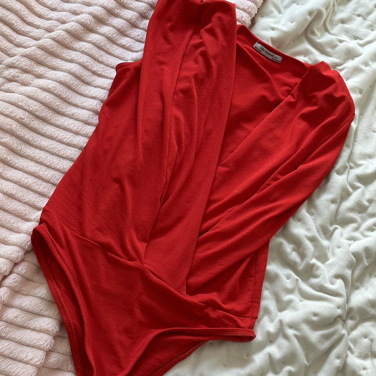 Zara Deep V-Neck Red Bodysuit Size Small Ruched - Depop