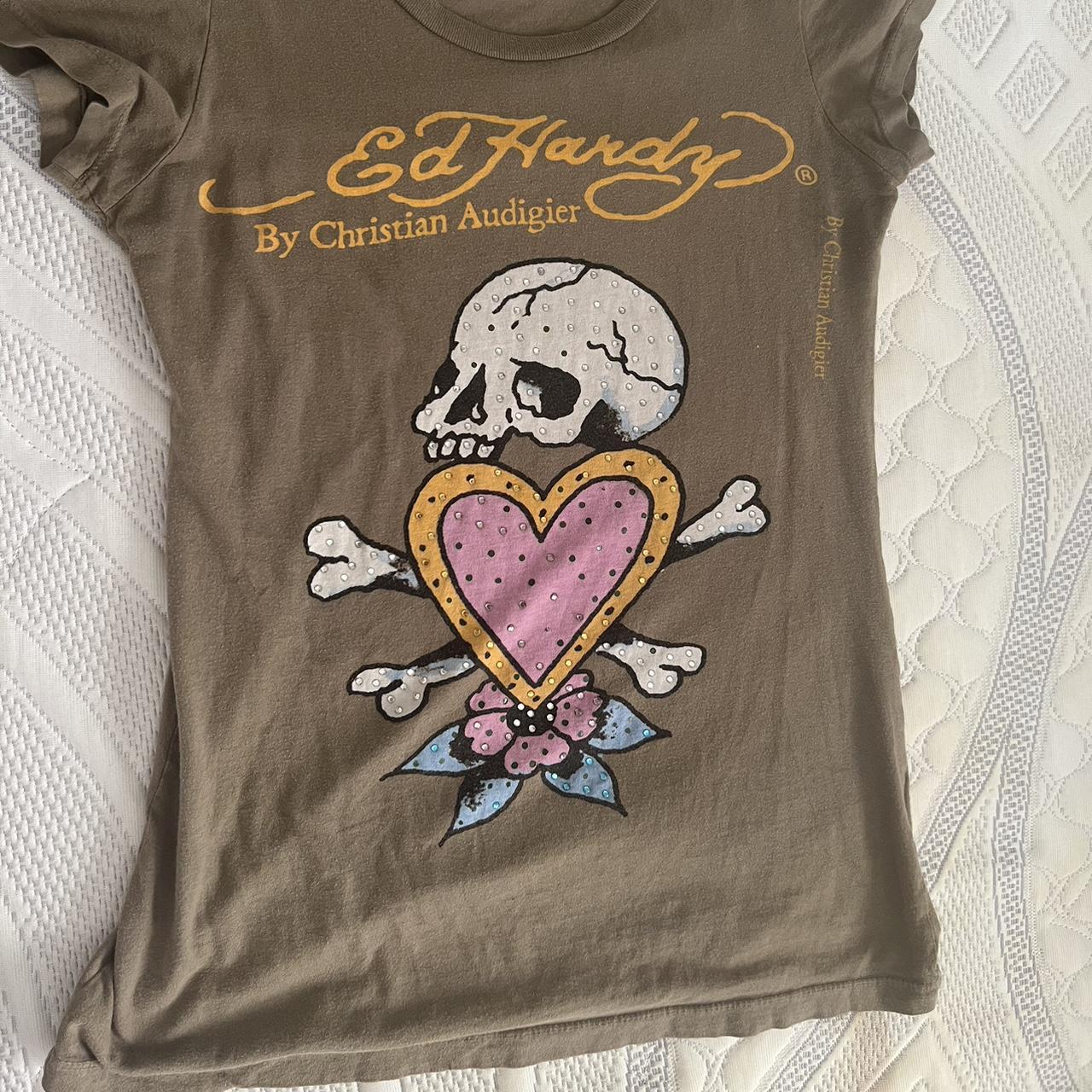 Ed Hardy Women's Pink and Khaki Shirt | Depop