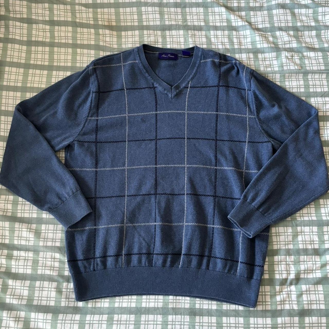 dark blue long sleeve sweater with white and navy... - Depop