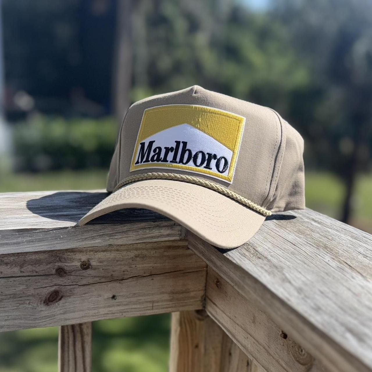 80s style Marlboro Gold patch, tan snapback hat. | Depop