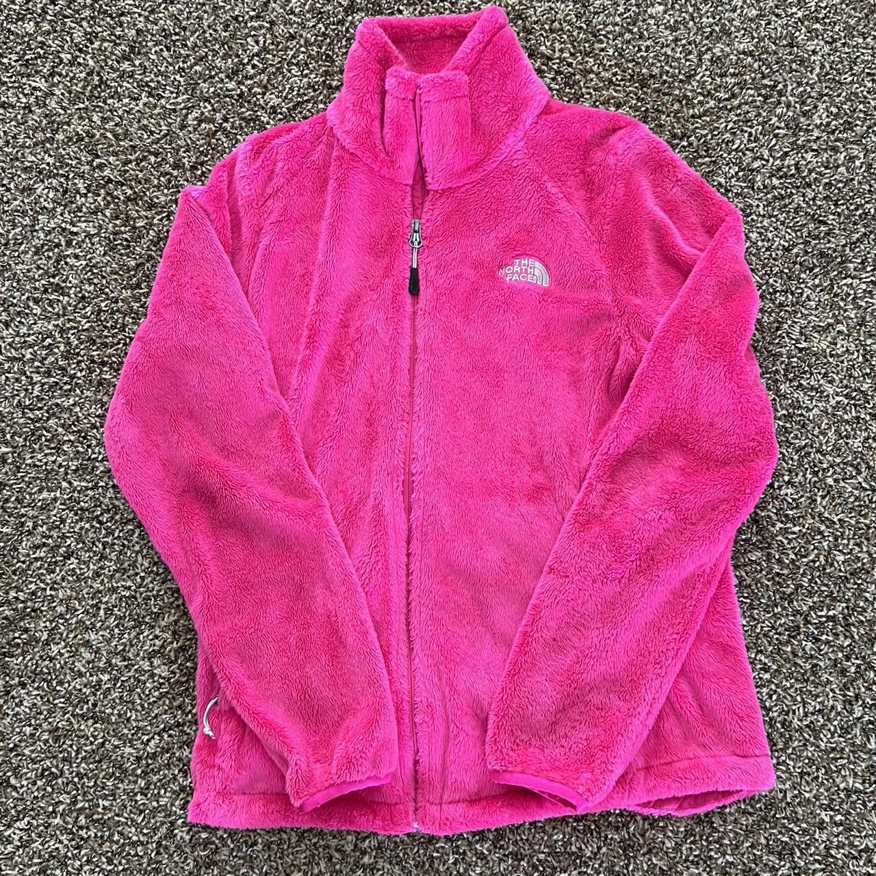 pink fuzzy north face jacket